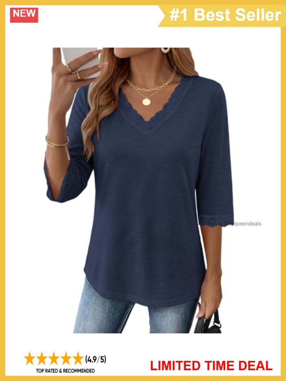 Women's 3/4 Sleeve Lace V Neck Tunic Top Dressy Casual Blouse